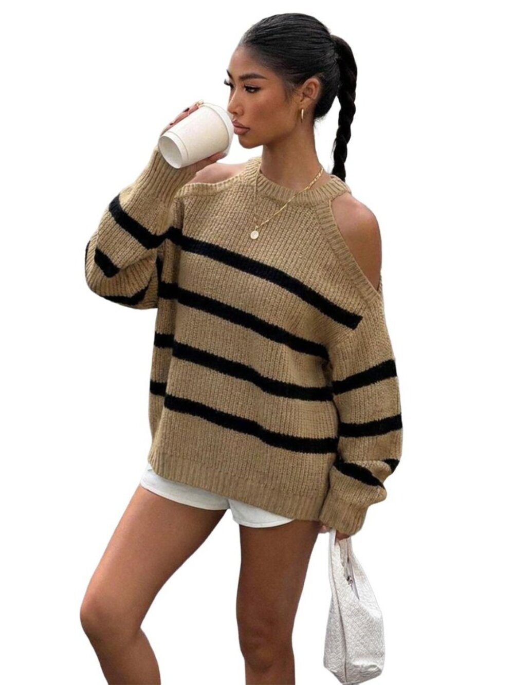 Womens Jumper Cold Shoulder Sweater Oversized Sweaters for Women Striped Knit